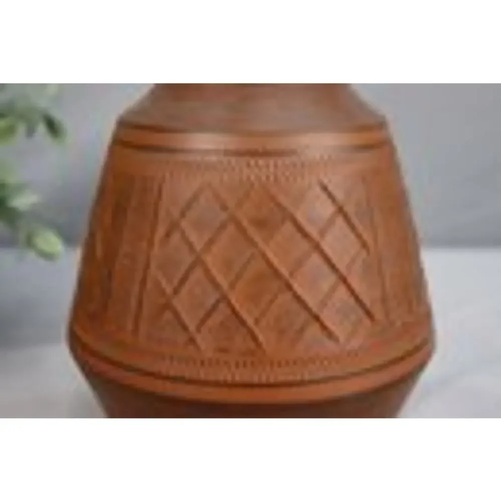Vintage Intaglio Etched Redware Flower Vase, Signed Bottom