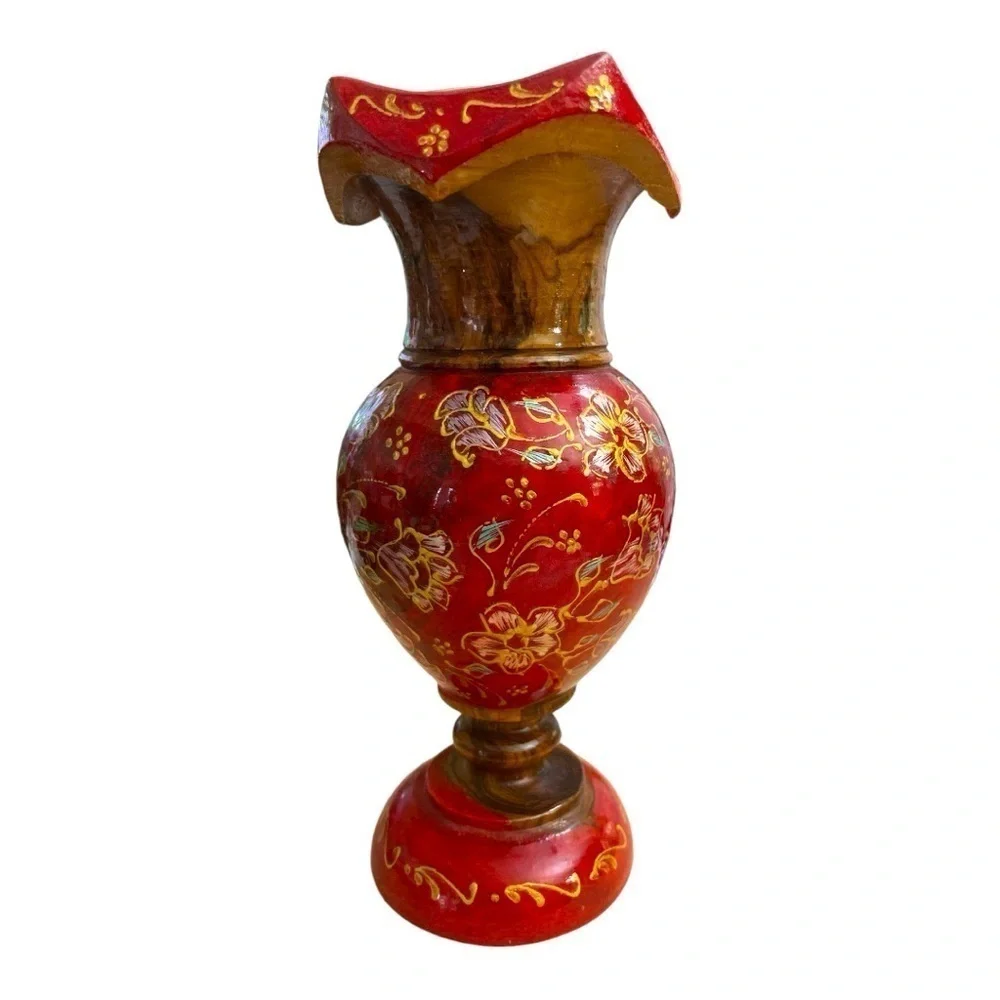 Vintage Hand Turned Painted Wood Red Gold Floral Decorative Vase 8
