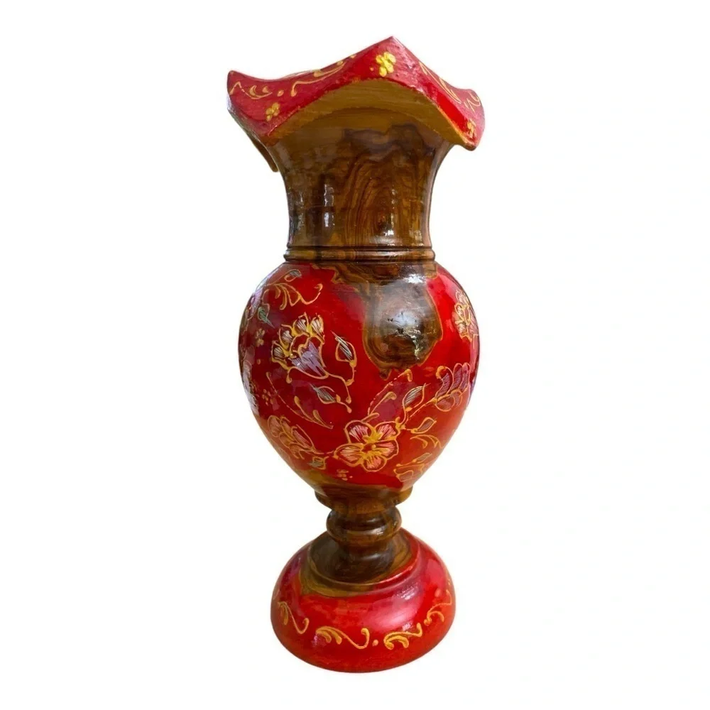 Vintage Hand Turned Painted Wood Red Gold Floral Decorative Vase 8
