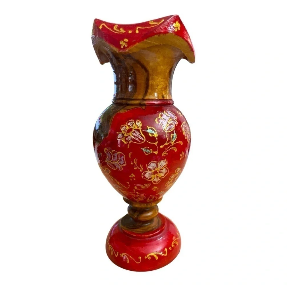 Vintage Hand Turned Painted Wood Red Gold Floral Decorative Vase 8