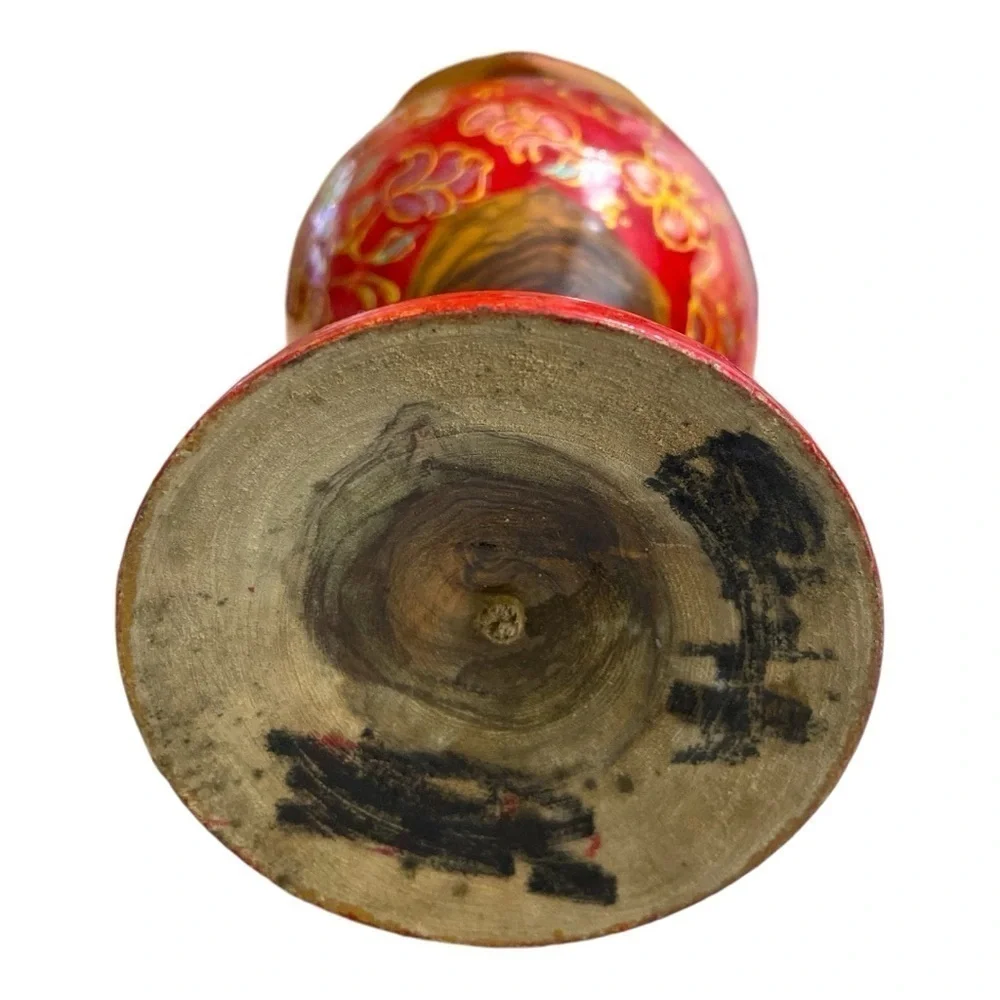 Vintage Hand Turned Painted Wood Red Gold Floral Decorative Vase 8