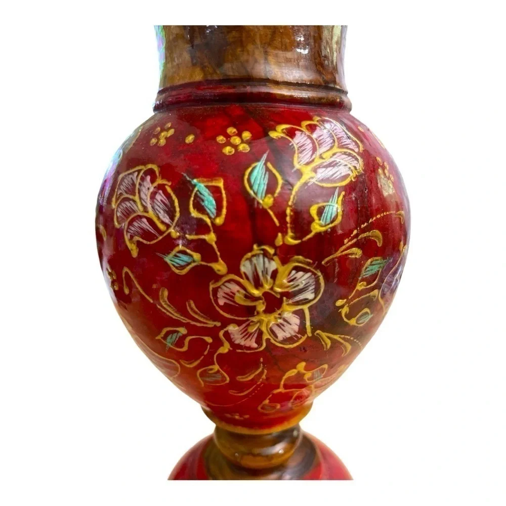 Vintage Hand Turned Painted Wood Red Gold Floral Decorative Vase 8