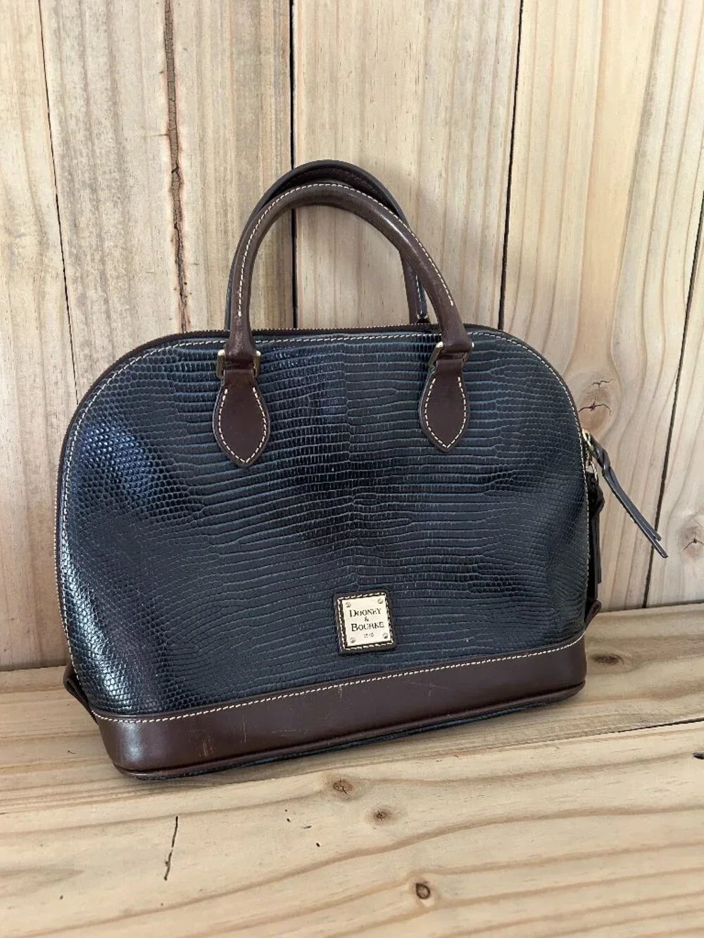 Dooney & Bourke Lizard Embossed Leather Domed Satchel Handbag