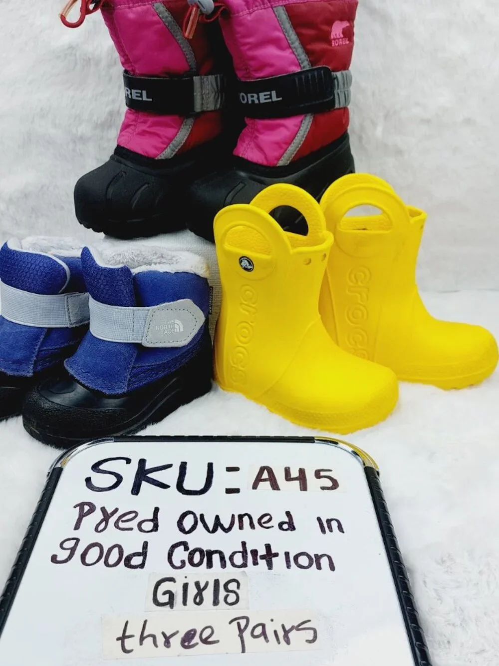 Set of 3 The North Face Sorel Crocs Girl's Pink Blue Yellow Winter Boots Size 6