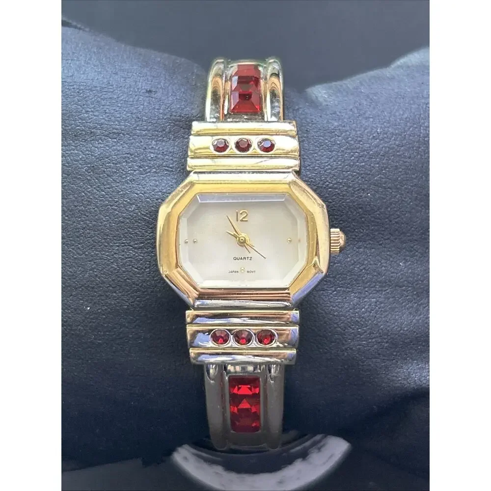 Gold Tone Red Stones Women’s Cuff Watch