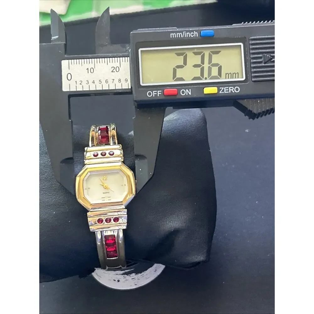 Gold Tone Red Stones Women’s Cuff Watch