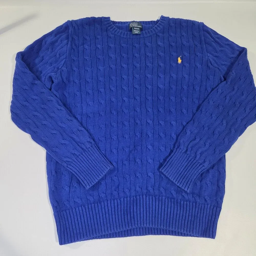 Polo Ralph Lauren Boys Cable Knit Cotton Sweater Roval Blue XL Crew Neck