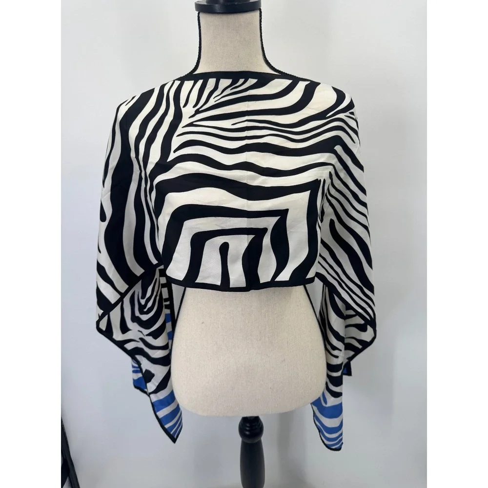 Anne Klein Zebra Striped Silk Scarf Shawl Wrap Colorblock Black White Blue 13x62