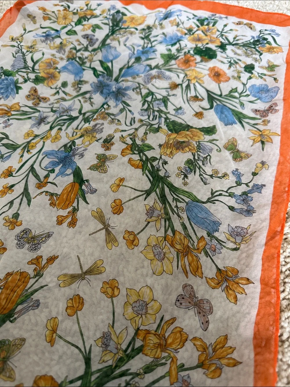 100% Silk sheer Floral Scarf with orange trim