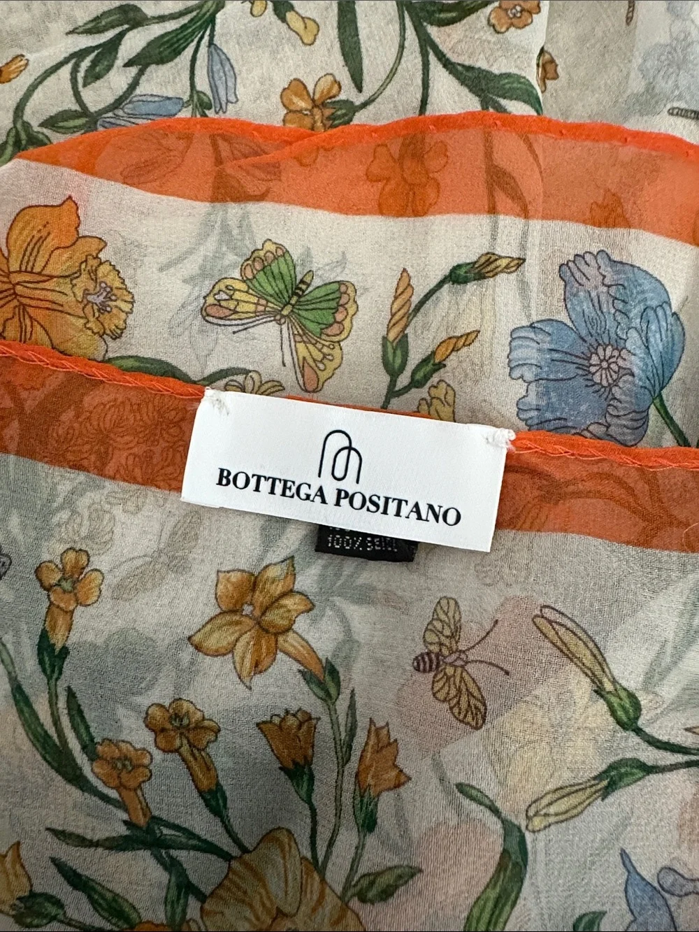 100% Silk sheer Floral Scarf with orange trim