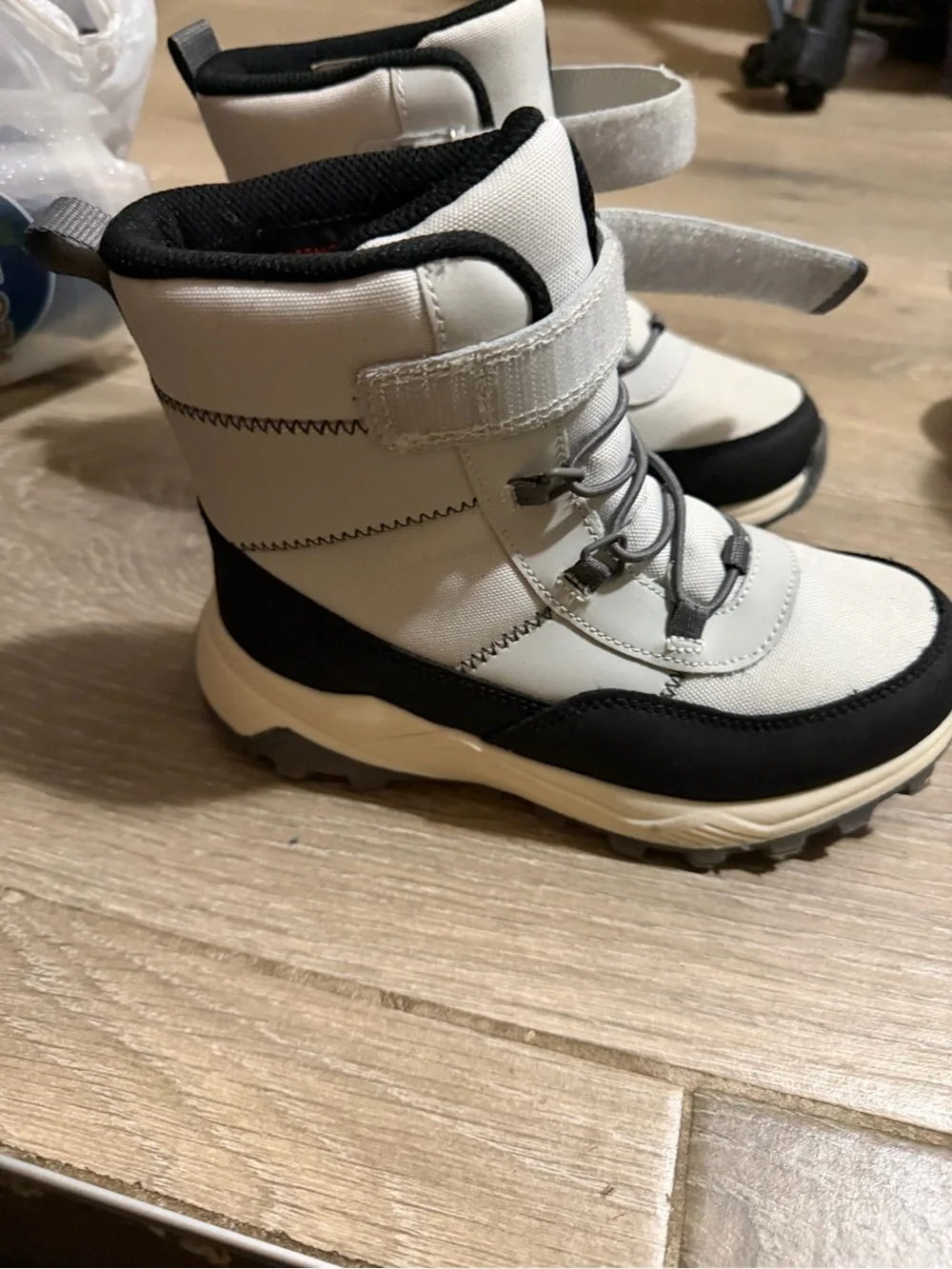 Kids Neutral White and Black Winter Boots - Hook & Loop Closure