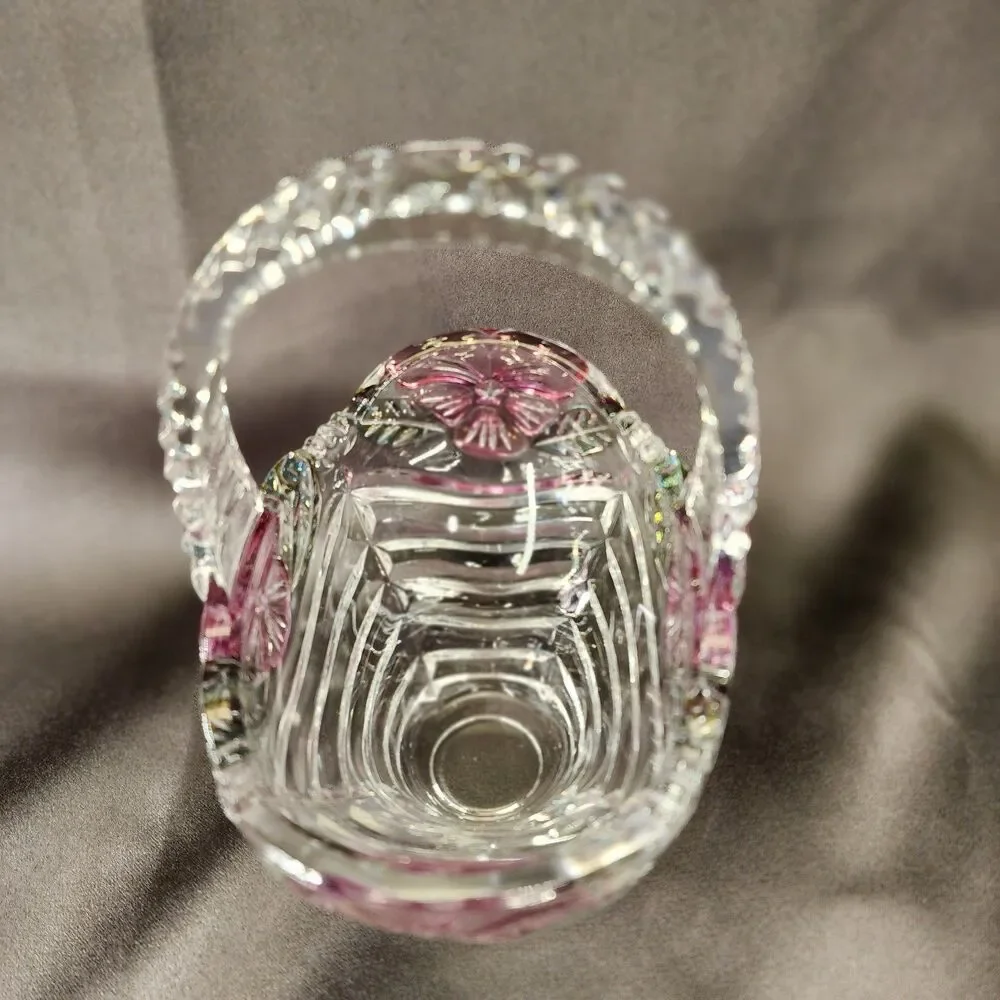 Vtg Anna Hutte Bleikristall Crystal basket Pink flowers  7