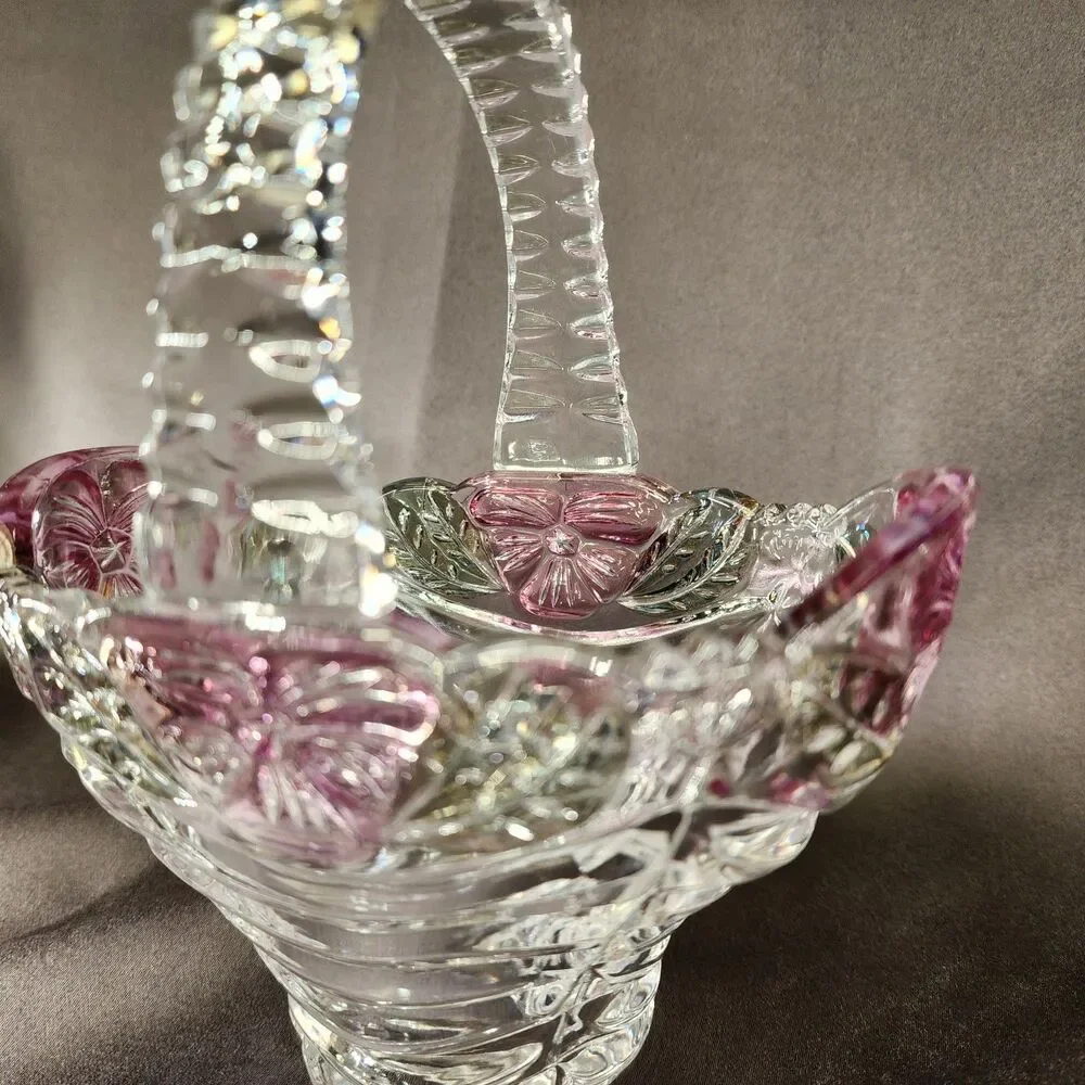 Vtg Anna Hutte Bleikristall Crystal basket Pink flowers  7