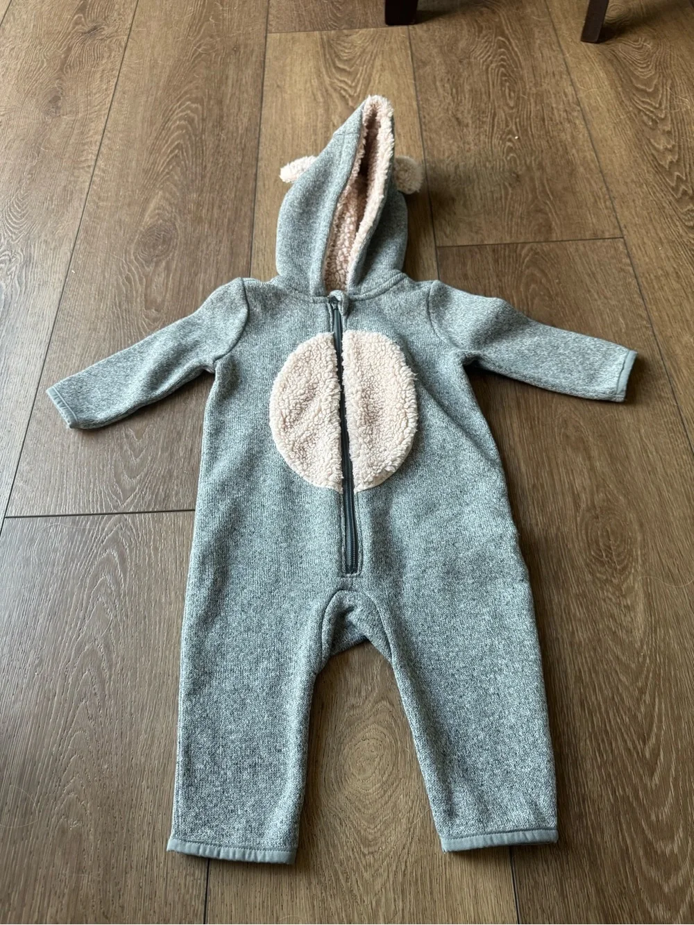 Cozy Bear Hooded Baby One-Piece in Heather Gray with Sherpa Detail