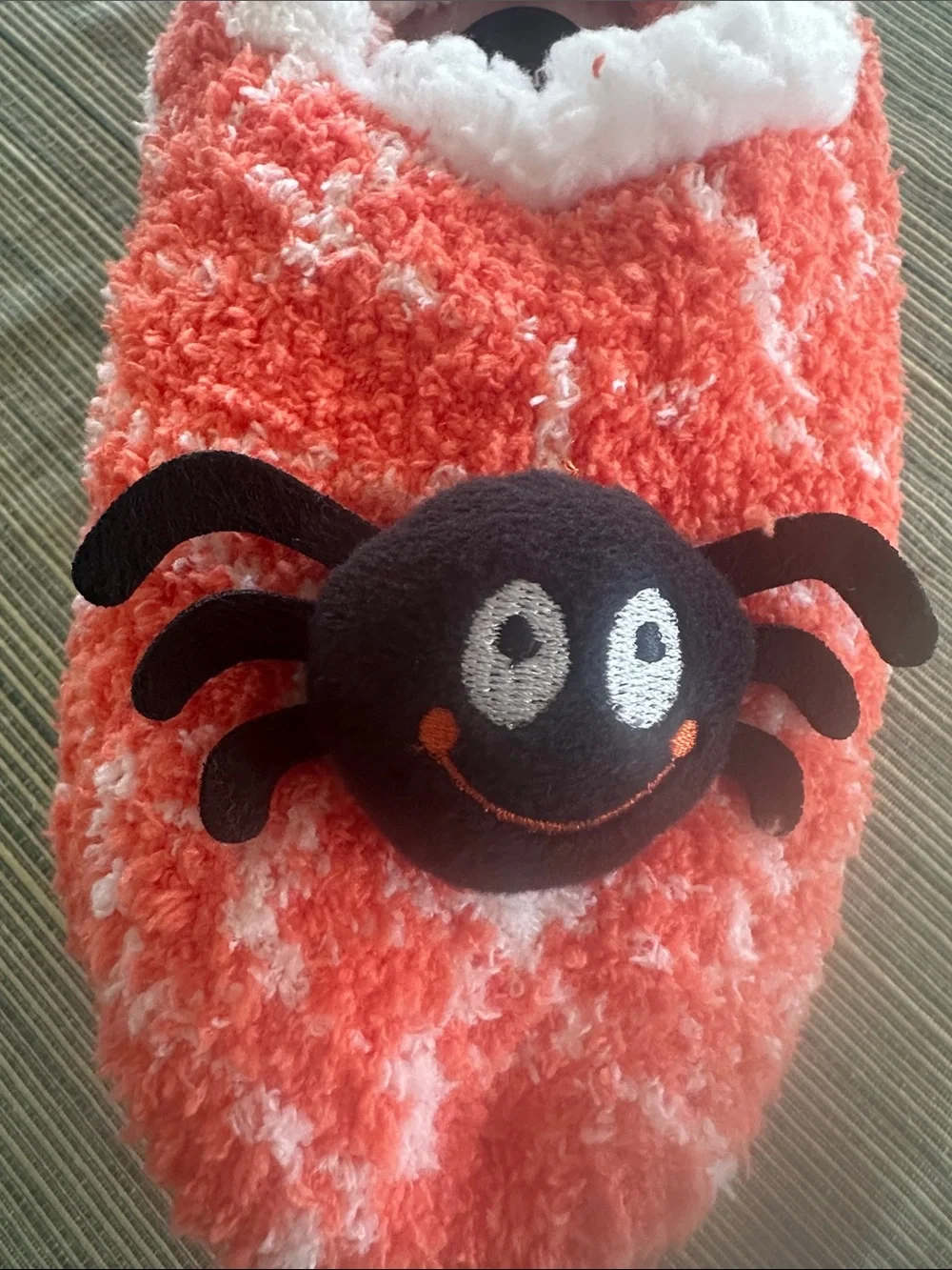 Children's Coral & White Fuzzy Slip-On Slippers with Spider Accent