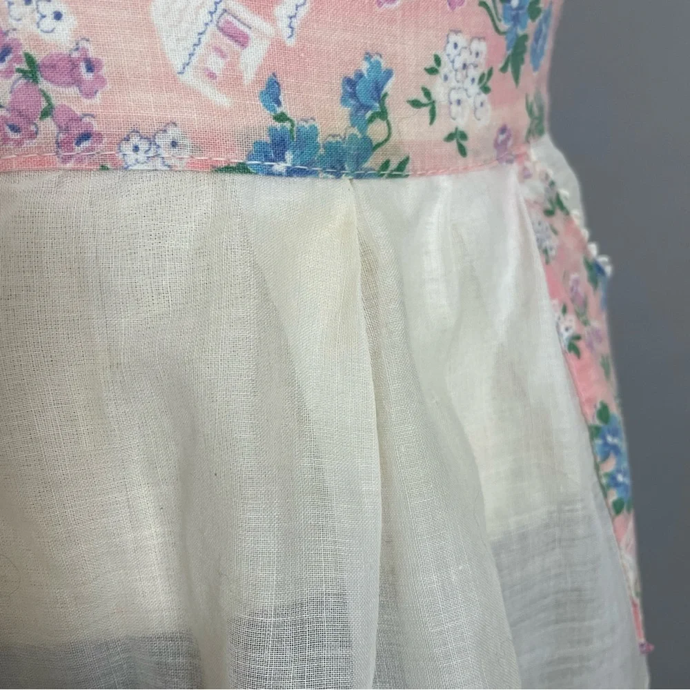 Vintage Half Apron Hostess Wedding Chapel Church Floral Pattern Sheer White Pink