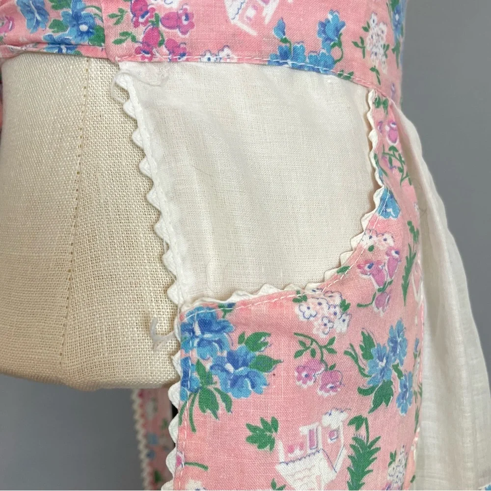 Vintage Half Apron Hostess Wedding Chapel Church Floral Pattern Sheer White Pink
