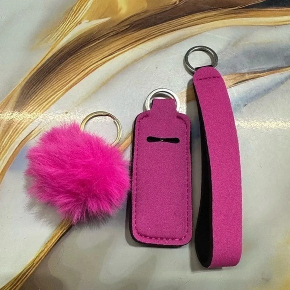 NEW keychain set lip balm holder & wristlet (5 inches)‎ & pom pom
