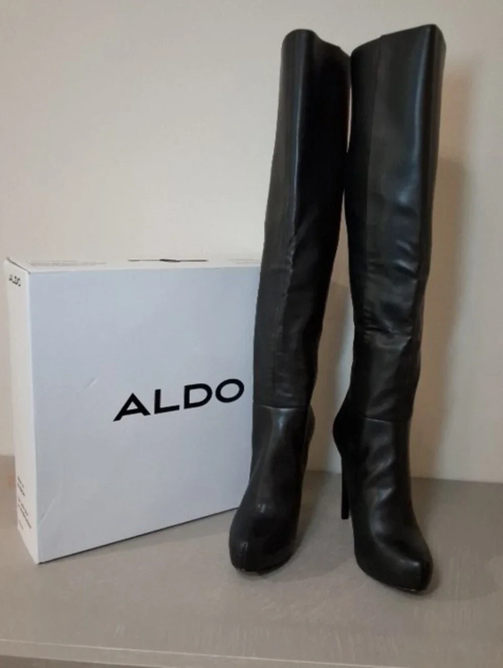 ALDO Thardossi Over The Knee Boots Black Faux Leather Platform Stiletto Size 9