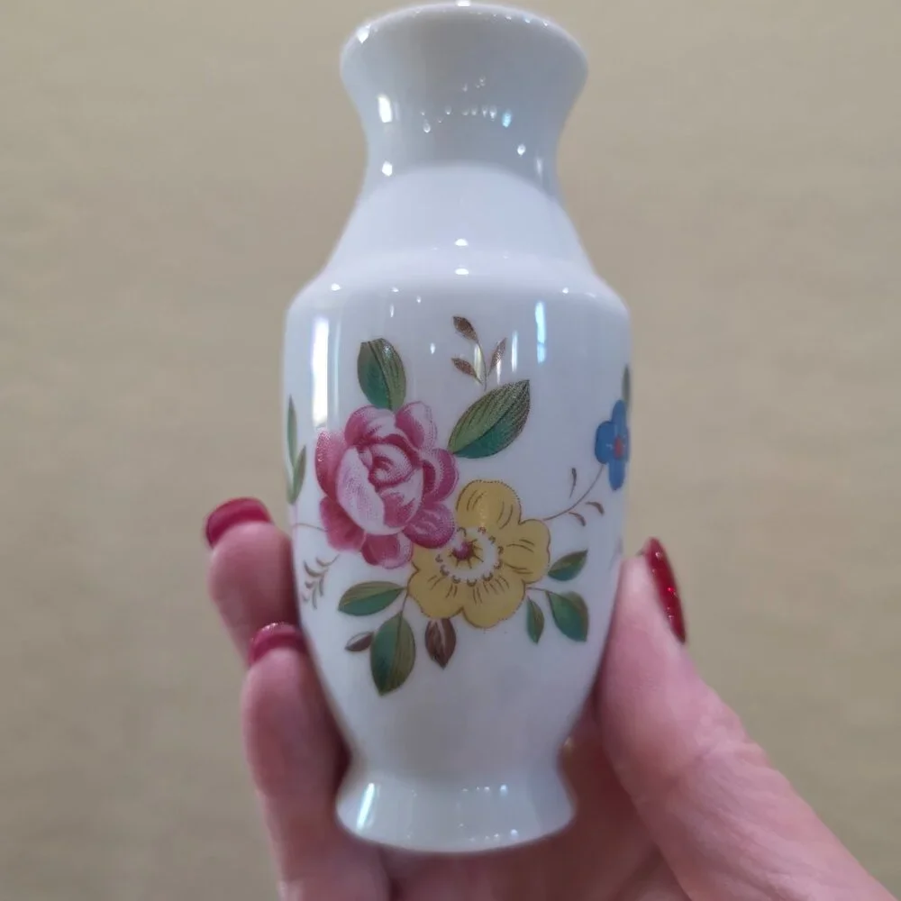 Vintage Made in China Miniature Flower Transfer Design White Vase