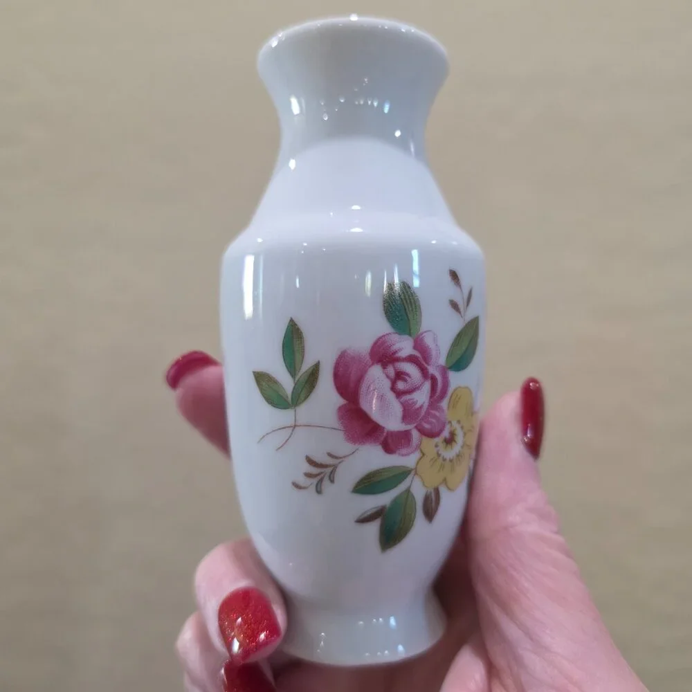 Vintage Made in China Miniature Flower Transfer Design White Vase