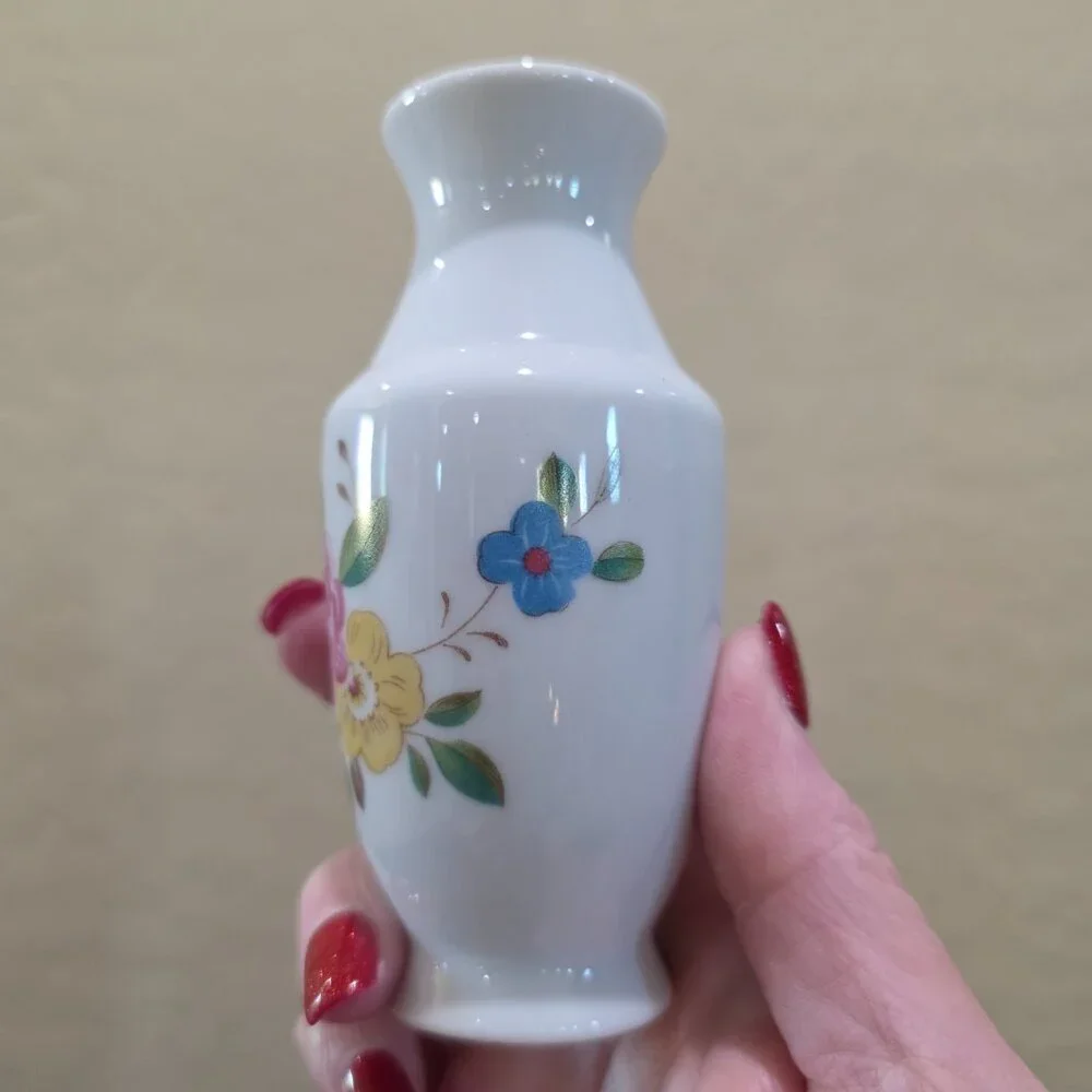Vintage Made in China Miniature Flower Transfer Design White Vase