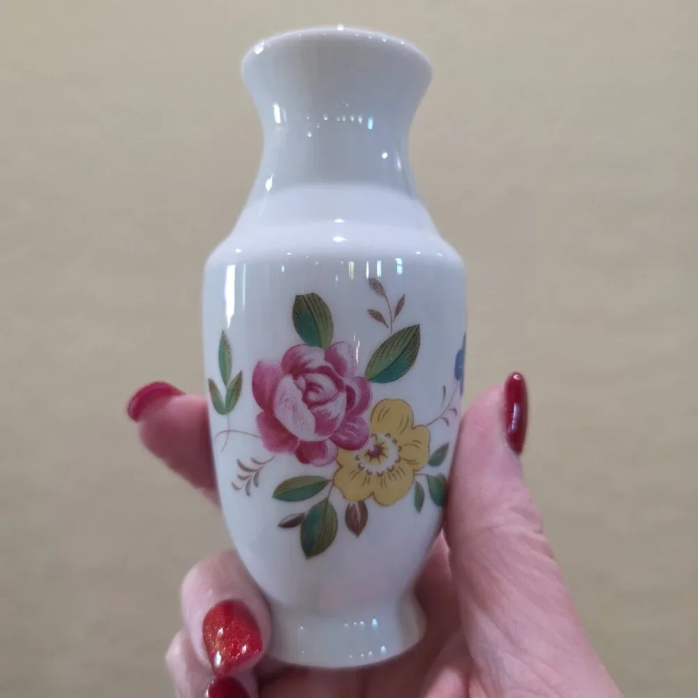 Vintage Made in China Miniature Flower Transfer Design White Vase