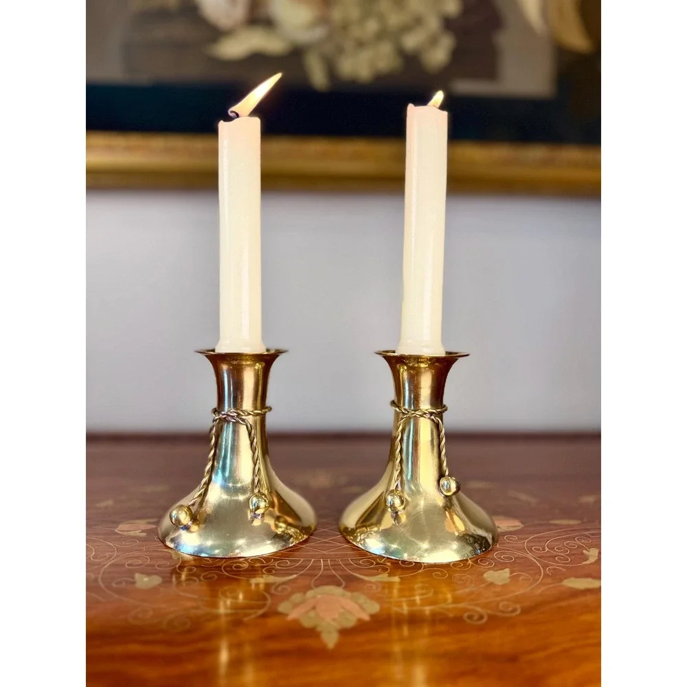 Vintage Brass Candlestick Pair • Tassel Taper Candle Holders