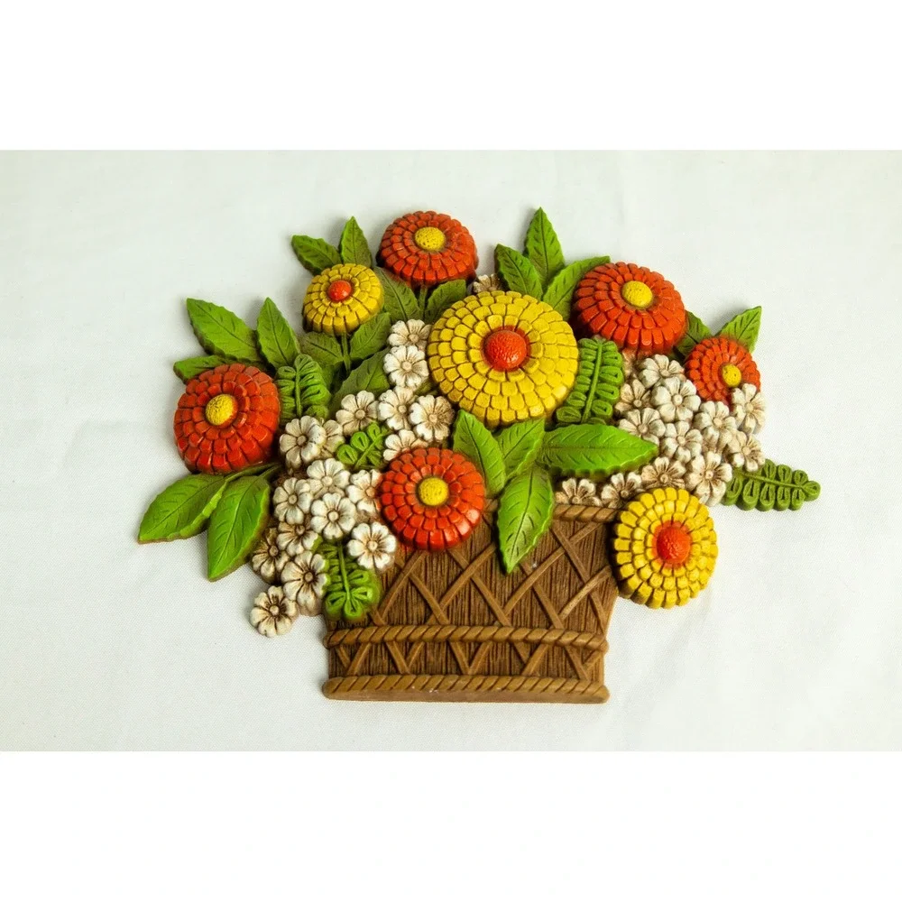 Vintage 1975 Syroco Flower Basket Wall Plaque 7384 Made in USA Retro Decor