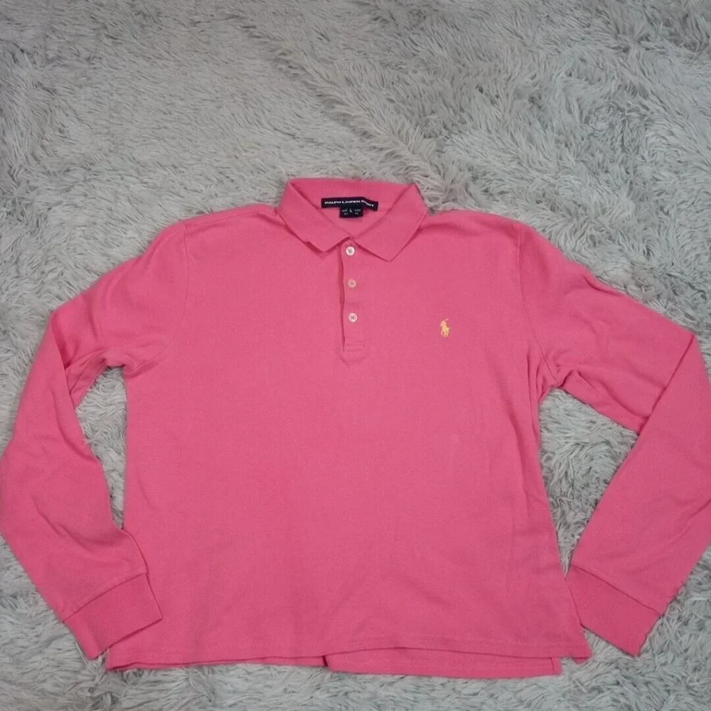 Ralph‎ Lauren Sport Boys Shirt Polo Pink L Logo Pony Cotton Button Collar