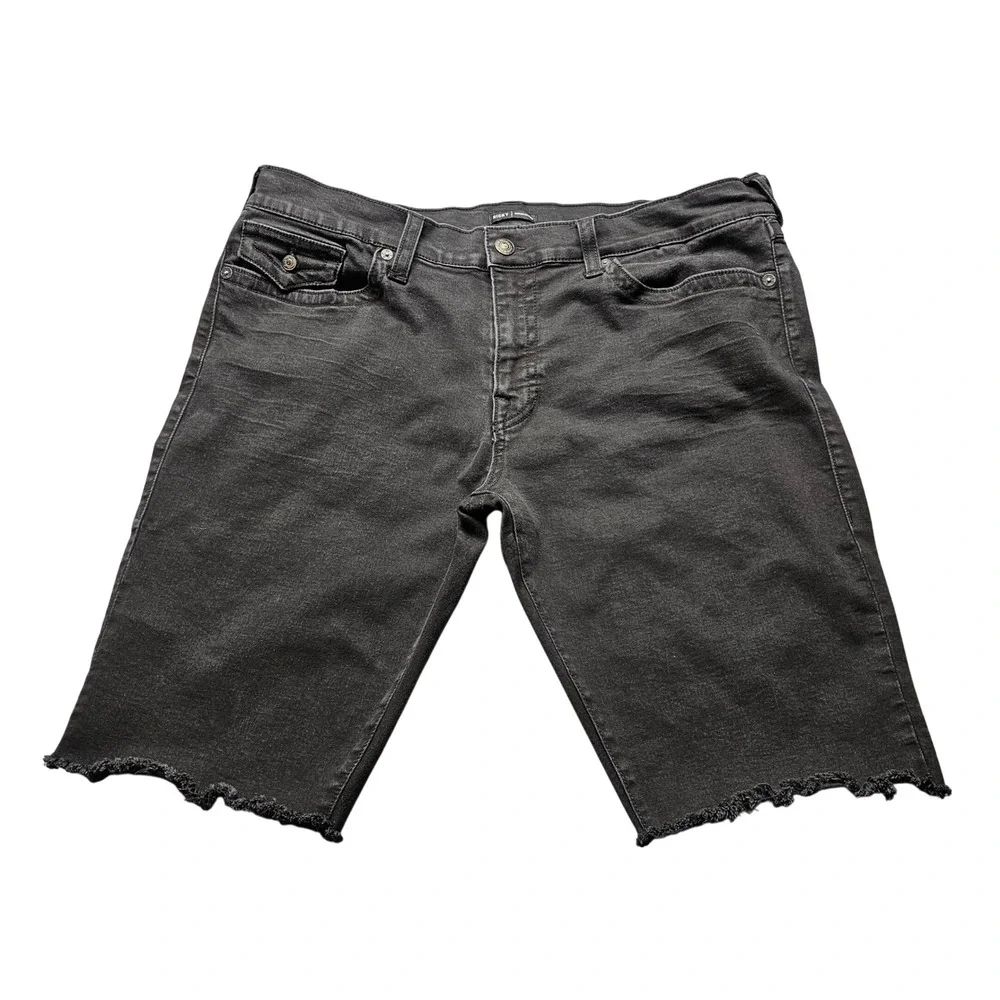 True Religion Ricky Denim Shorts Mens 38 Black Cut Off Raw Hem Flap Pocket Jeans