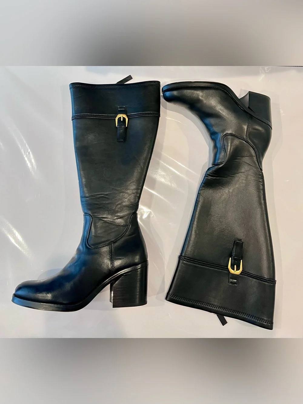 Franco Sarto “Adabella” Black Over-the-Knee Leather Block Heel Boot with Buckle