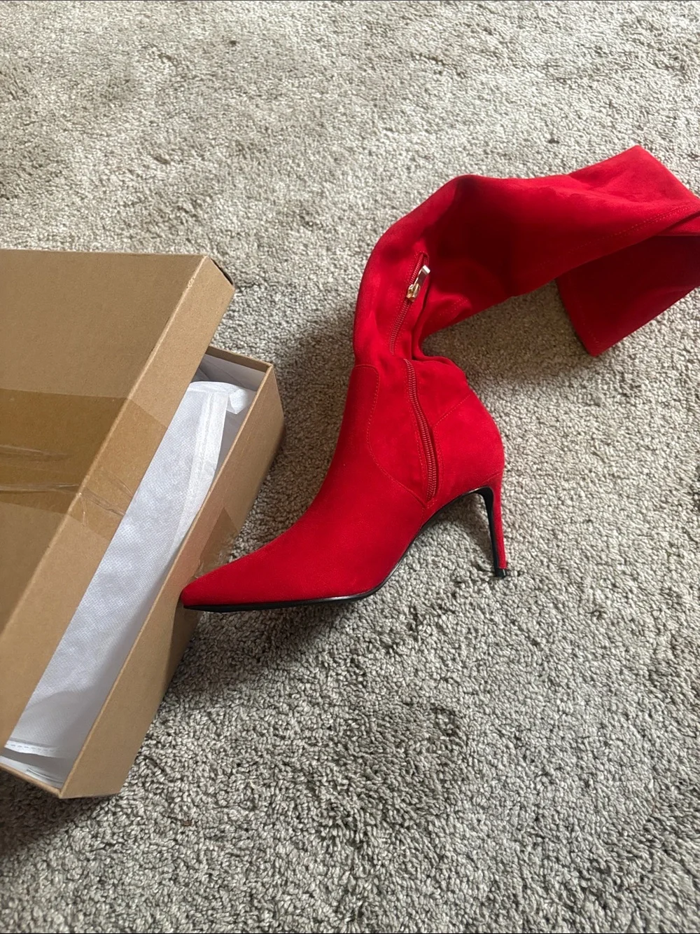 Elizabeth Tang cherry Red Over-the-Knee Stiletto Boot with Pointed Toe size 7.5