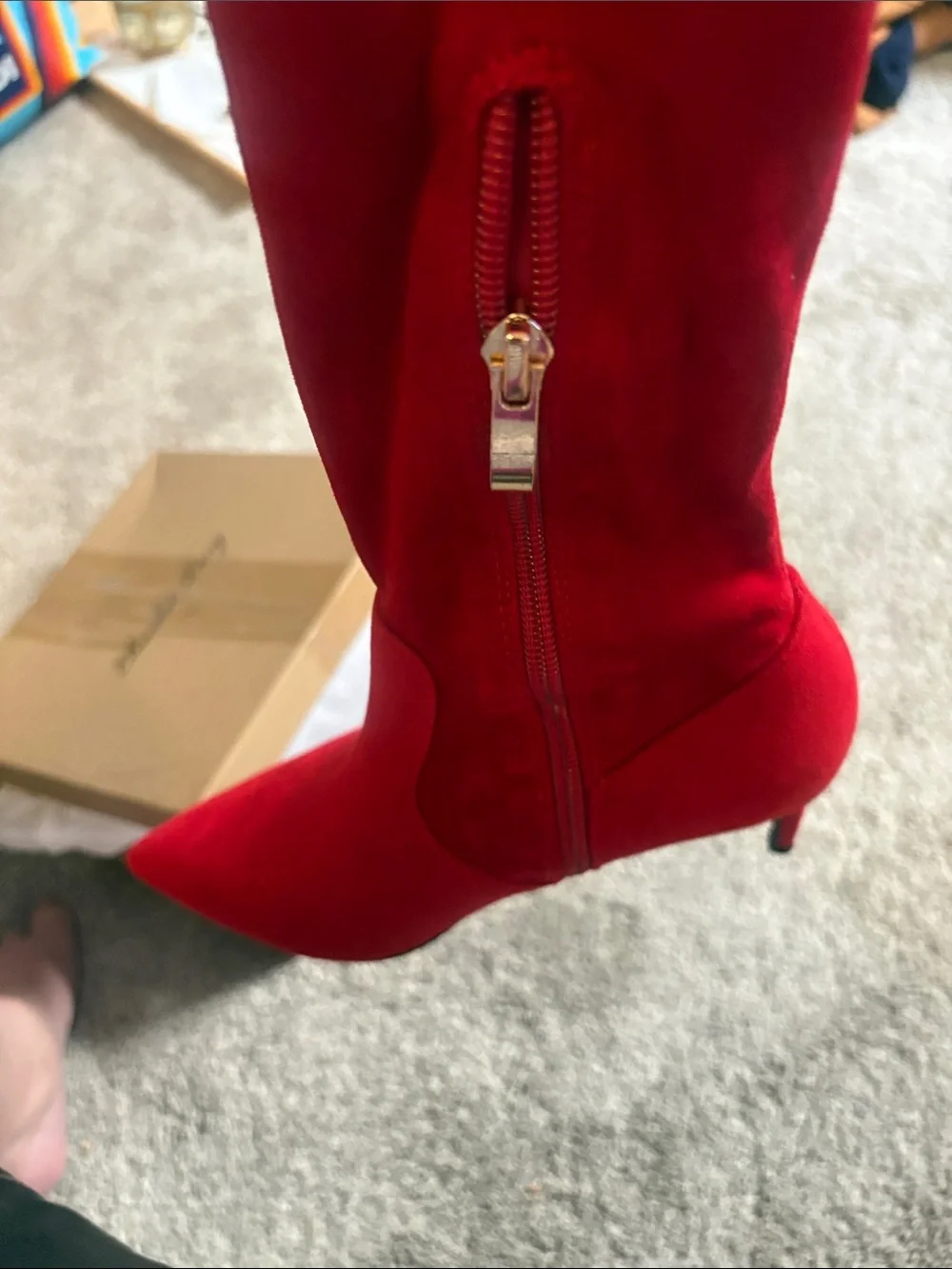 Elizabeth Tang cherry Red Over-the-Knee Stiletto Boot with Pointed Toe size 7.5