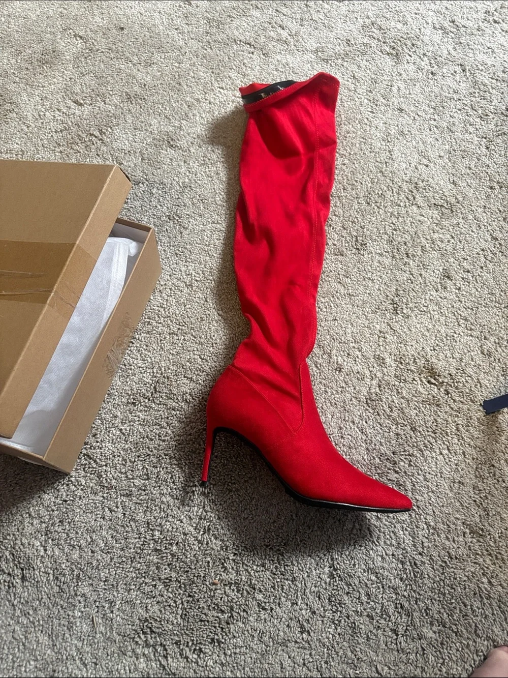 Elizabeth Tang cherry Red Over-the-Knee Stiletto Boot with Pointed Toe size 7.5