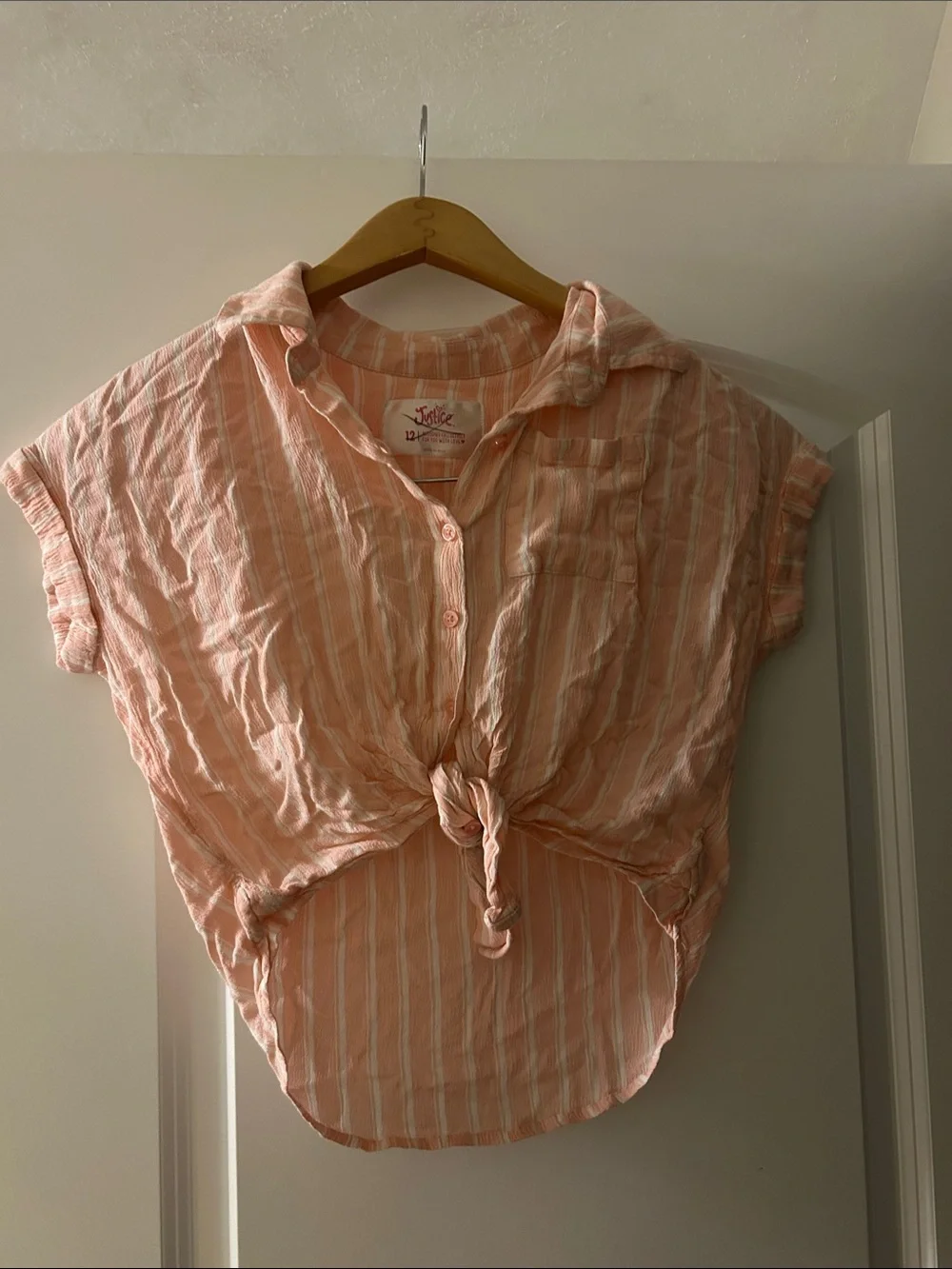 Justice Peach and White Striped Button-Front Tie Top