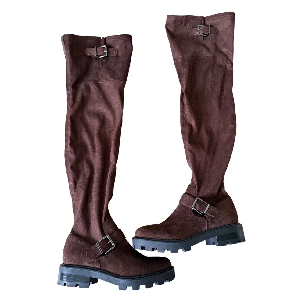 Marc Fisher LTD Ganven Brown Faux Leather Over The Knee Lug Sole Buckle Boot 8.5