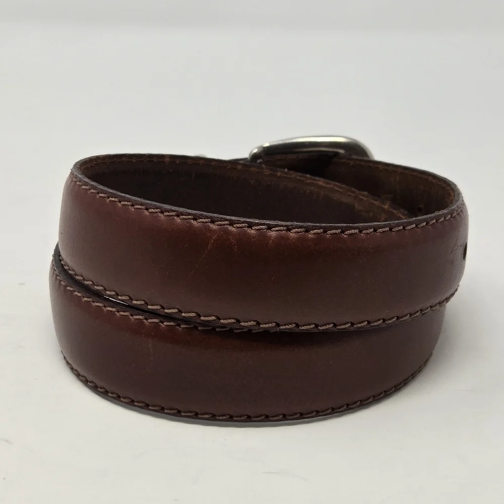 VINTAGE OLD NAVY BROWN ITALIAN LEATHER BELT SILVER BUCKLE END CAP UNISEX MEN 28