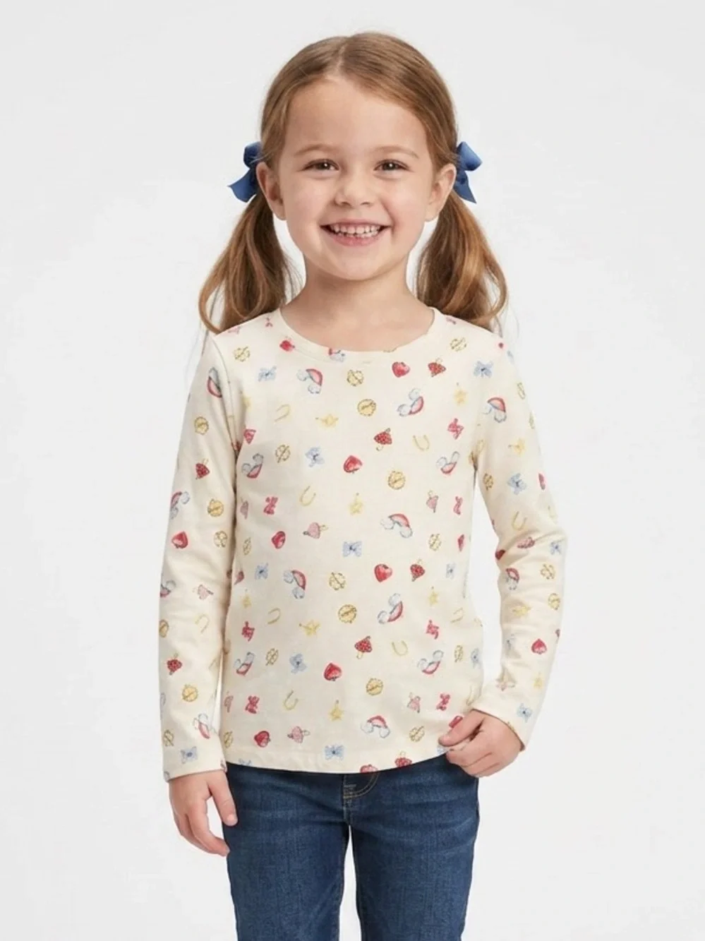 Old Navy Cream Long-Sleeve Tee with Small Red, Yellow & Blue Motifs