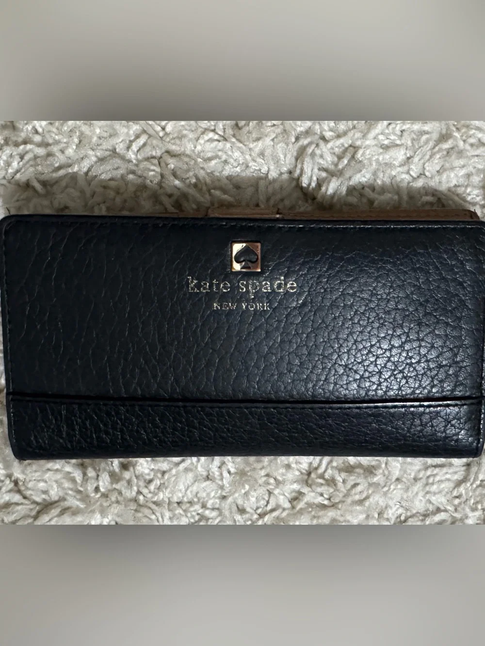 kate spade black leather wallet with gold logo accent