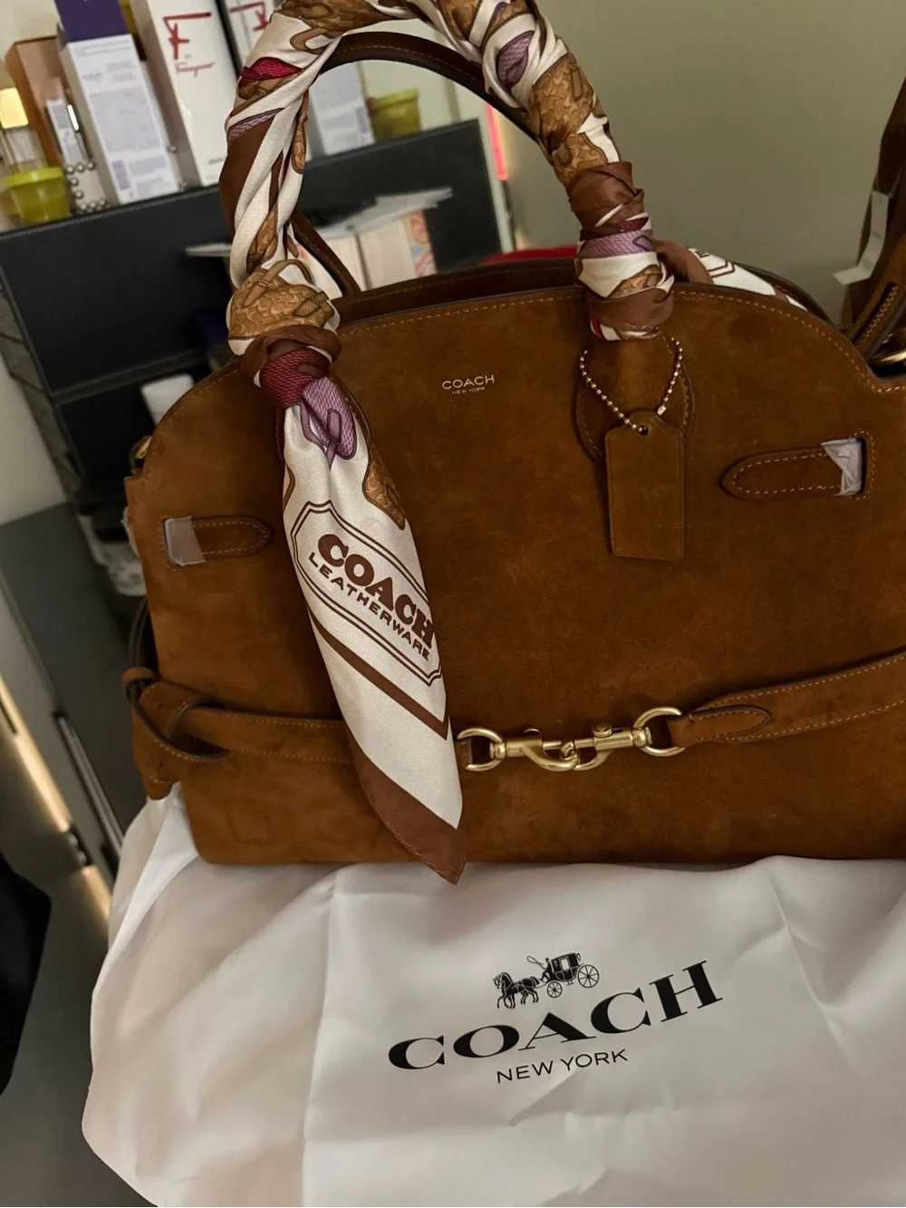NWT Coach Suede Satchel in Chestnut with Silk-Scarf Wrapped Handles
