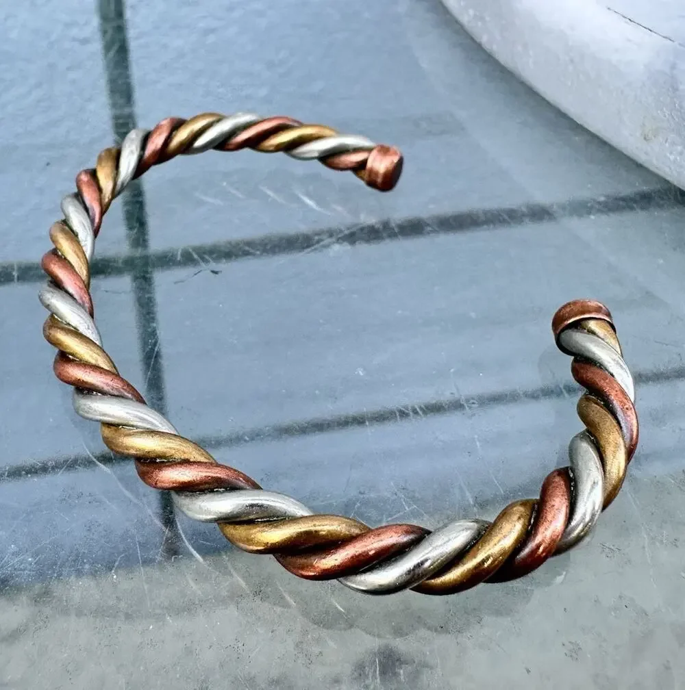 Copper Twist Cuff Bracelet Southwest Silver Brass Vintage Mixed Metal Rope Mens