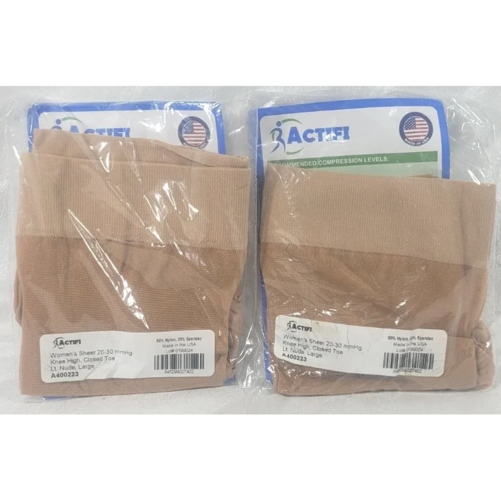 2 Actifi Women's Knee High Stockings, Sheer Light Nude Closed Toe 20-30mmHg - L