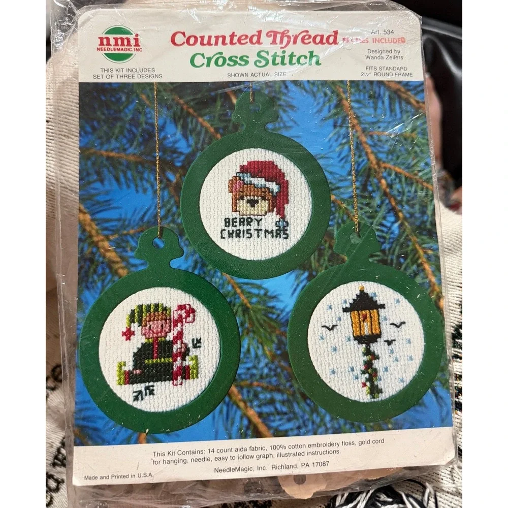 Vintage NeedleMagic Cross Stitch Kit Green Christmas Ornament Trio Art 534 Craft