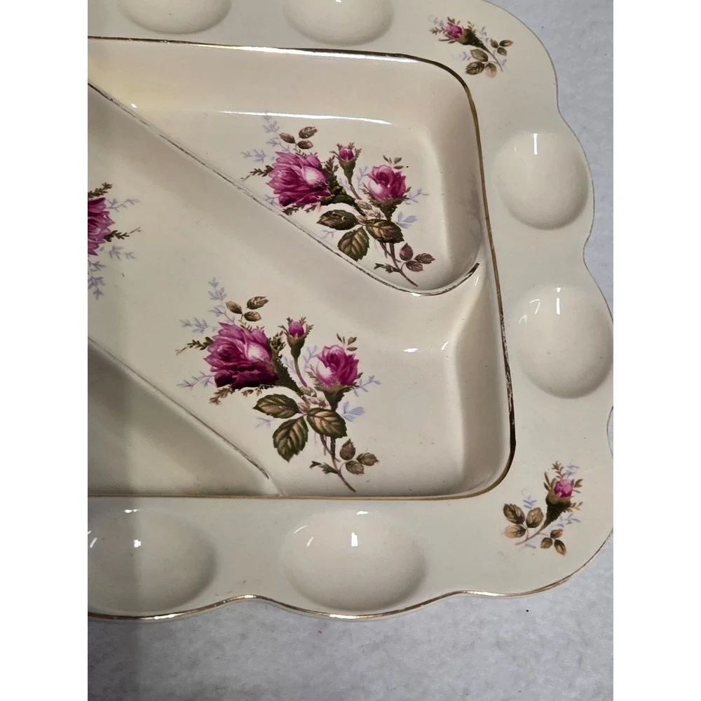Vintage Deviled Egg Platter 12 Egg Rose Floral Divided Relish Serving Tray