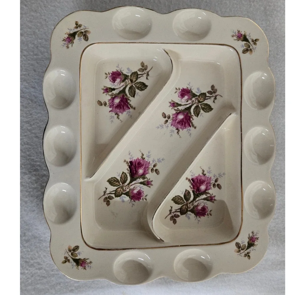Vintage Deviled Egg Platter 12 Egg Rose Floral Divided Relish Serving Tray