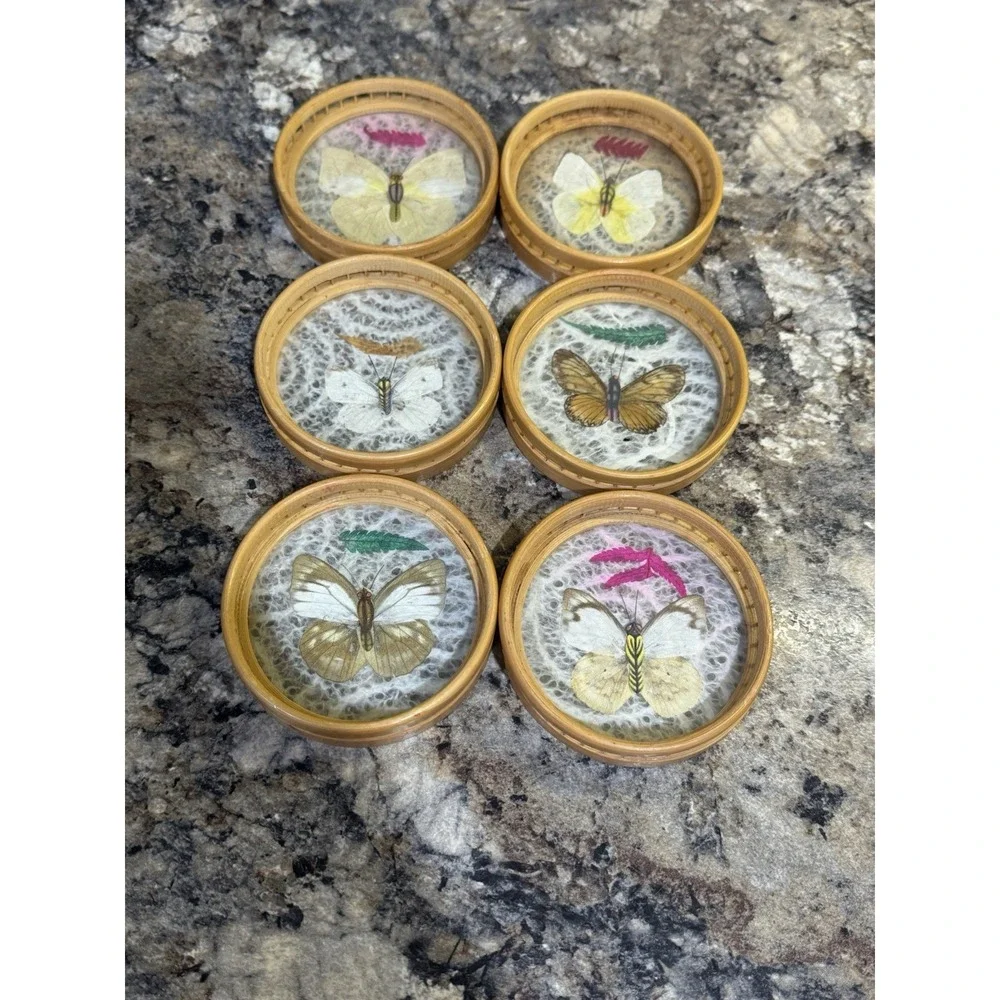 Vintage Butterfly Tray & 6 Coaster Set Pressed Butterfly Botanical Bamboo Tray