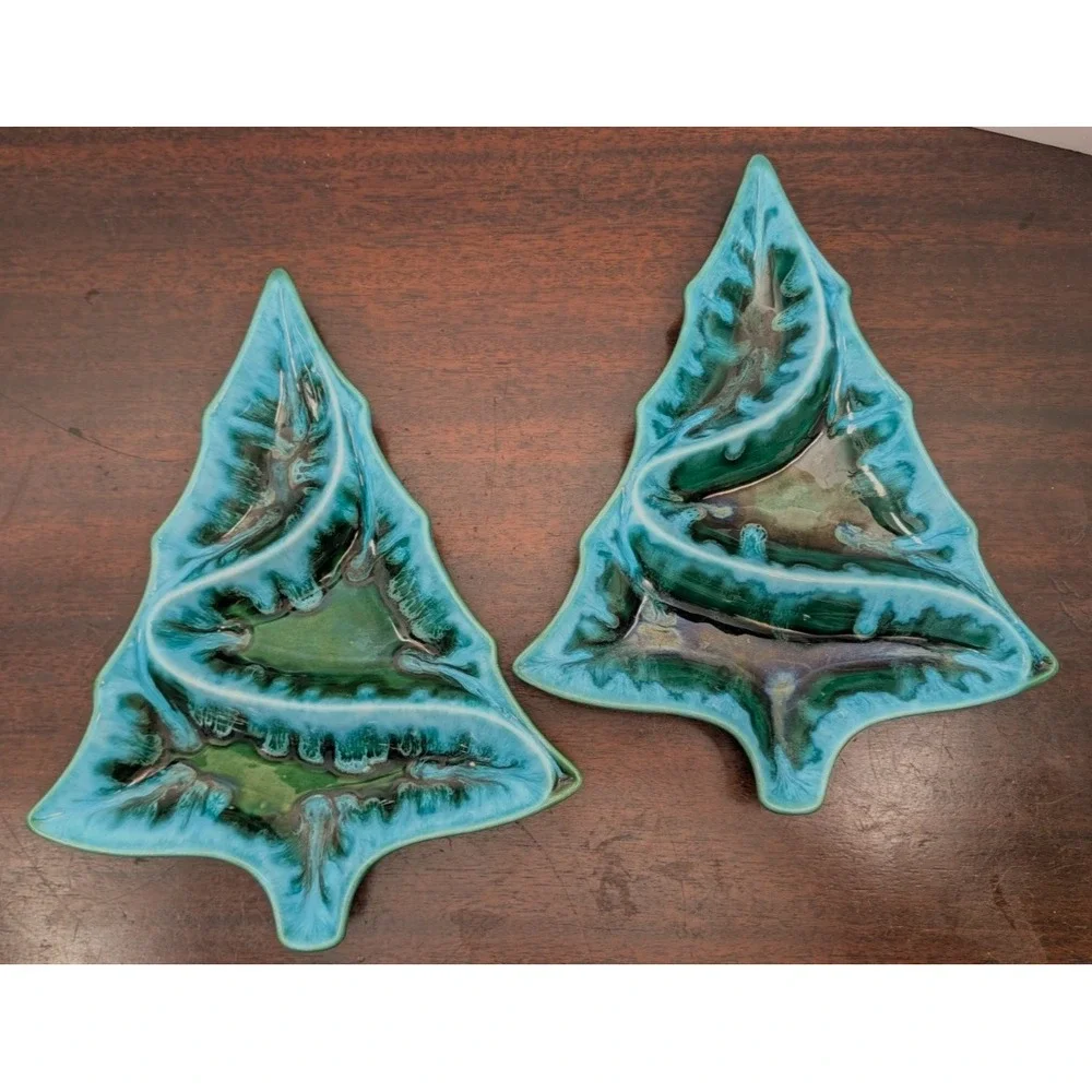 Vintage 1970s Handmade Ceramic Christmas Tree Divided Serving Tray Drip Glaze
