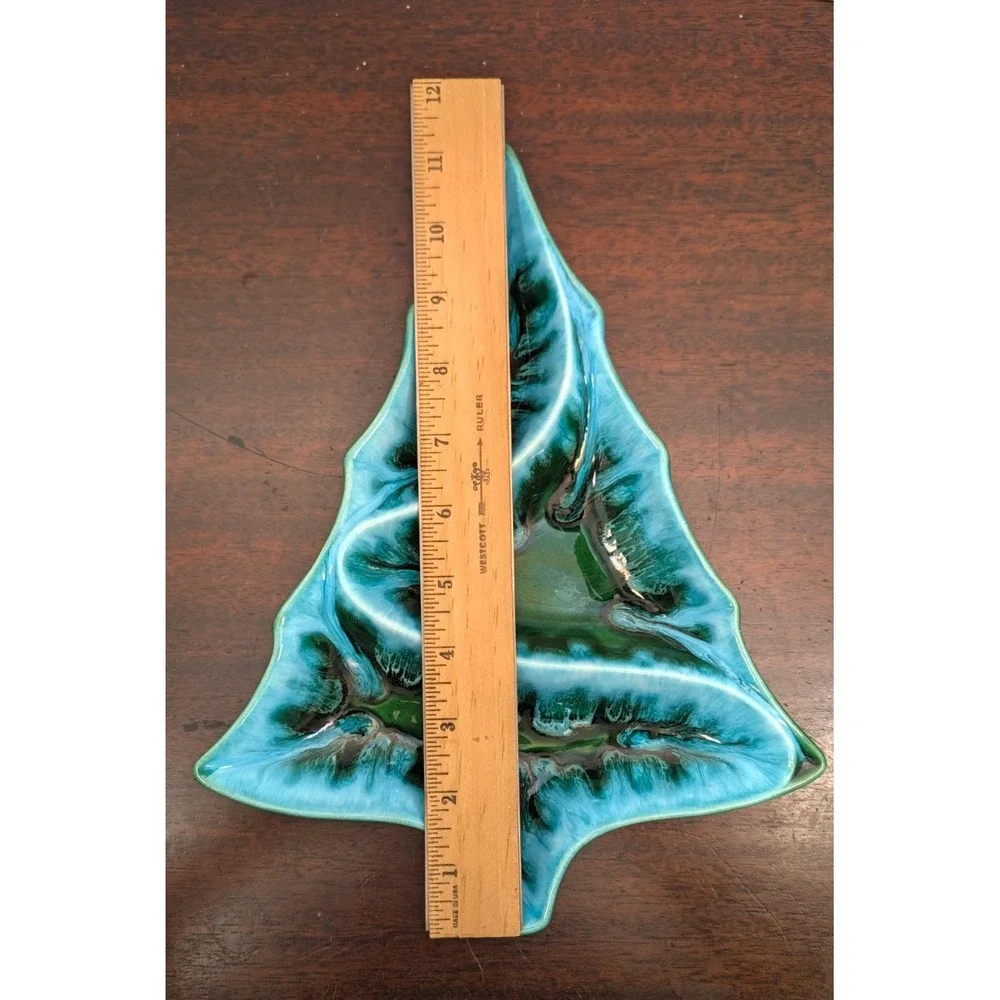 Vintage 1970s Handmade Ceramic Christmas Tree Divided Serving Tray Drip Glaze