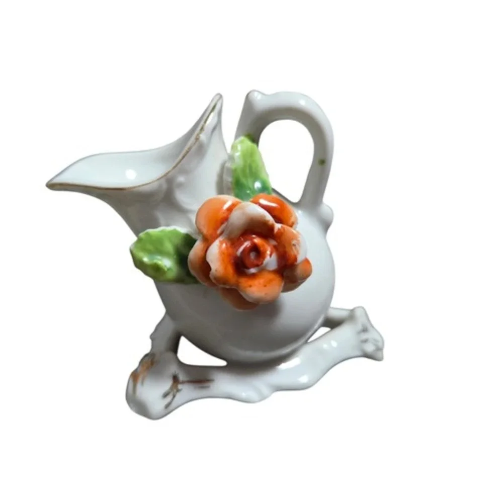 Vintage Red Letter Japan Miniature Porcelain Pitcher w/ Carved Rose On Branches